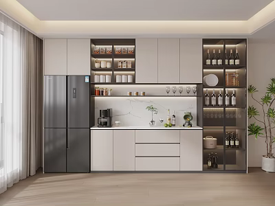 Modern Kitchen Sideboard with Glass Door Wine Storage Countertop Coffee Machine and Decorative Plants 3d model