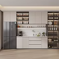 Modern Kitchen Sideboard with Glass Door Wine Storage Countertop Coffee Machine and Decorative Plants