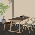 Modern Wooden Dining Table Set With Six Chairs And Indoor Plant Interior