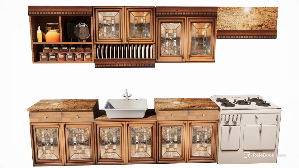 Wooden Kitchen Cabinets With Glass Doors Holding Dinnerware Spices And Marble Countertops 3d model 