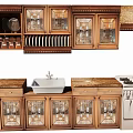 Wooden Kitchen Cabinets With Glass Doors Holding Dinnerware Spices And Marble Countertops