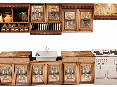 Wooden Kitchen Cabinets With Glass Doors Holding Dinnerware Spices And Marble Countertops 3d model