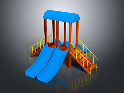 Blue Canopy Double Slide Playground Equipment With Orange Pillars And Yellow Handrails 3d model