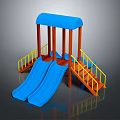 Blue Canopy Double Slide Playground Equipment With Orange Pillars And Yellow Handrails