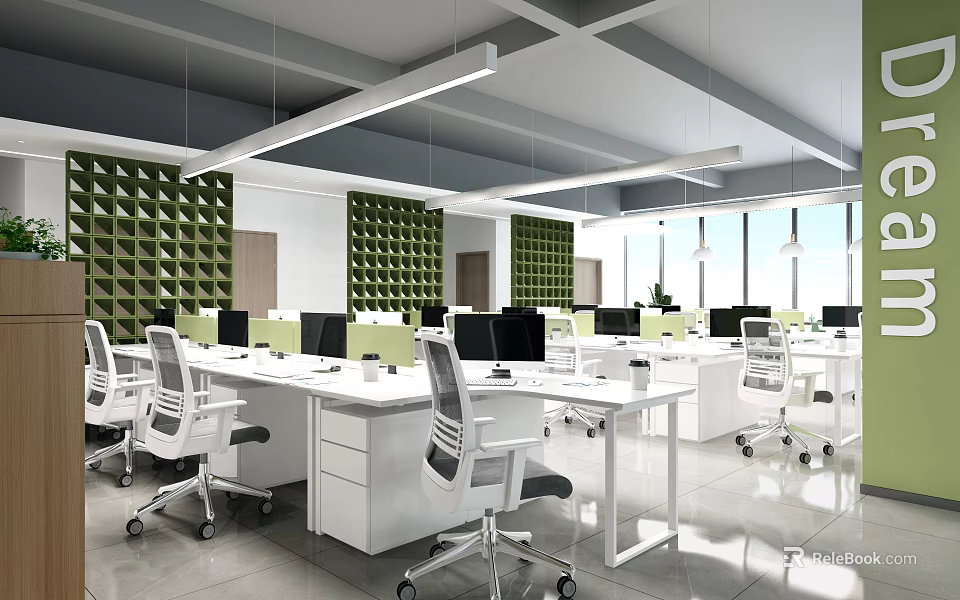 Modern Public Office Space Featuring White Desks Ergonomic Chairs Computers Green Wall Decor Natural Lighting 3d model 