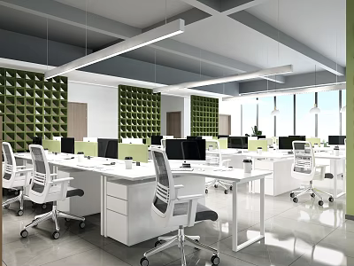 Modern Public Office Space Featuring White Desks Ergonomic Chairs Computers Green Wall Decor Natural Lighting 3d model