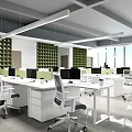 Modern Public Office Space Featuring White Desks Ergonomic Chairs Computers Green Wall Decor Natural Lighting