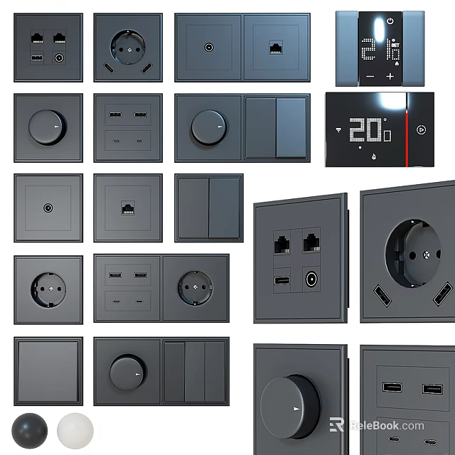 Black Electrical Switches and Sockets with Various Designs USB Ports and Digital 3d model 