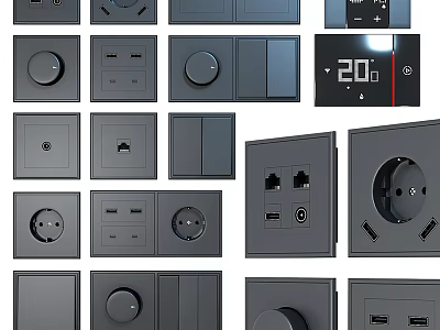 Black Electrical Switches and Sockets with Various Designs USB Ports and Digital 3d model