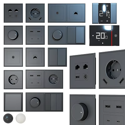Black Electrical Switches and Sockets with Various Designs USB Ports and Digital 3d model