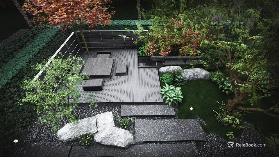Natural Courtyard Garden With Wooden Deck Table Benches Green Plants Slate Steps And Landscaping Stones 3d model 