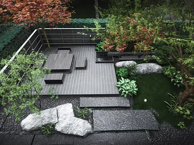 Natural Courtyard Garden With Wooden Deck Table Benches Green Plants Slate Steps And Landscaping Stones 3d model