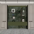 Elegant Green Bookcase With Gold Frame Built In Lighting And Decorative Plants