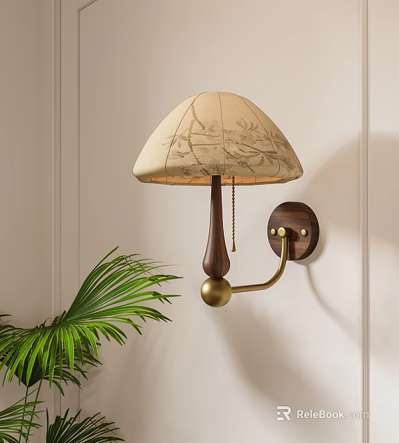 Beige Patterned Shade Wall Lamp With Wooden Pole Brass Bracket Mounted On Light Wall 3d model 