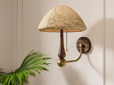 Beige Patterned Shade Wall Lamp With Wooden Pole Brass Bracket Mounted On Light Wall 3d model