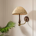 Beige Patterned Shade Wall Lamp With Wooden Pole Brass Bracket Mounted On Light Wall