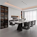 Modern Restaurant Interior With White Dining Table Black Chairs Pendant Lights And Large Windows 3d model