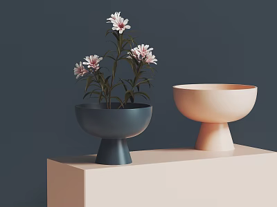 Ceramic Vessels Dark Blue Flower Pot Light Pink Bowl On Light Pedestal Dark Gray Background 3d model