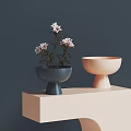 Ceramic Vessels Dark Blue Flower Pot Light Pink Bowl On Light Pedestal Dark Gray Background