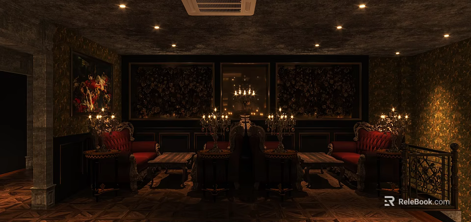Elegant Classic Bar Interior With Chandeliers Red Sofas And Decorative Wall Design 3d model 