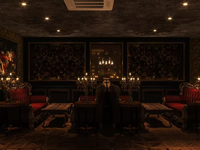 Elegant Classic Bar Interior With Chandeliers Red Sofas And Decorative Wall Design 3d model