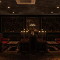Elegant Classic Bar Interior With Chandeliers Red Sofas And Decorative Wall Design
