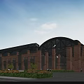 Industrial Factory Building with Red Brick Structure Arched Glass Roof and Landscaped Front Area