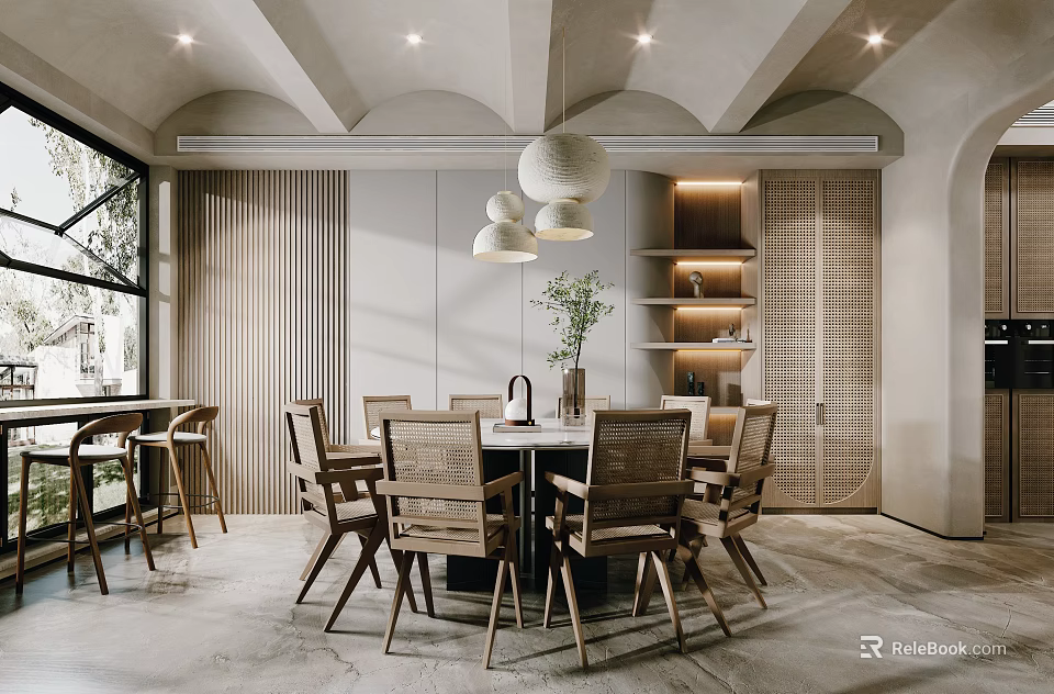 Modern Minimalist Restaurant Interior With Wooden Dining Table Chairs Pendant Lights And Potted Plant 3d model 