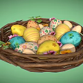 Bird Nest With Colorful Decorated Eggs Surrounded By Flowers And Green Leaves