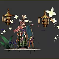 Decorative Scene Composition With Pink Haired Figure Blue Attire Golden Lanterns Butterflies And Green Plants