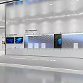 Modern Exhibition Hall With Large Digital Screen Showing City Planning Grid Ceiling And Display Counter