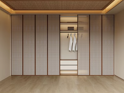 Modern Chinese Style Wooden Wardrobe With Lattice Doors Hanging Area And Drawers 3d model