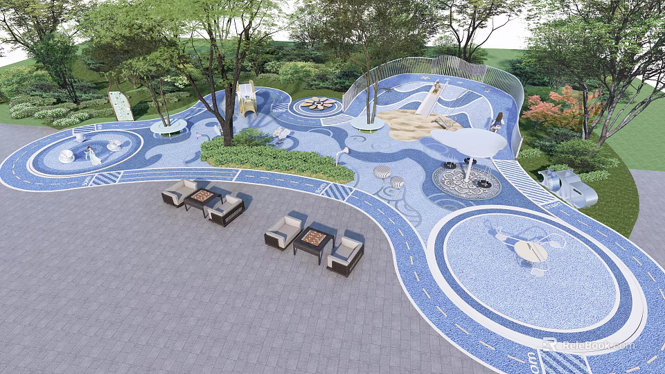 Kids Play Area with Greenery Interactive Structures Seating Areas and Colorful Paved Surfaces 3d model