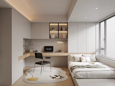 Modern Tatami Bedroom Interior With Desk Laptop Bookshelf Rug And Window Blinds 3d model