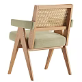Modern Wooden Dining Chair With Rattan Backrest And Gray Upholstered Seat