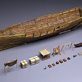 Vintage Industrial Equipment Collection Featuring Wooden Boat Crates Small Boat and Tools