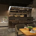 Cozy Dessert Shop Interior With Textured Walls Wooden Tables Gray Chairs And Decorative Paintings