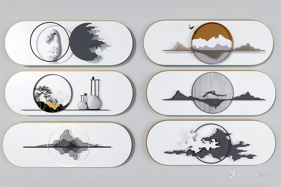Modern Minimalist Wall Decor With Circular Patterns Mountain Designs And Line Art 3d model
