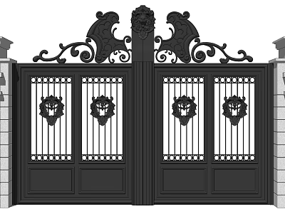 Elegant Wrought Iron Entrance Gate With Intricate Scrollwork Lion Head Motifs And Stone Pillars 3d model