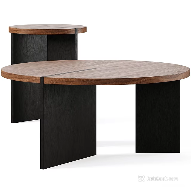 Modern Round Coffee Table With Walnut Wood Top And Black Wooden Legs 3d model 