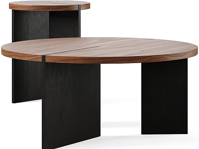 Modern Round Coffee Table With Walnut Wood Top And Black Wooden Legs 3d model