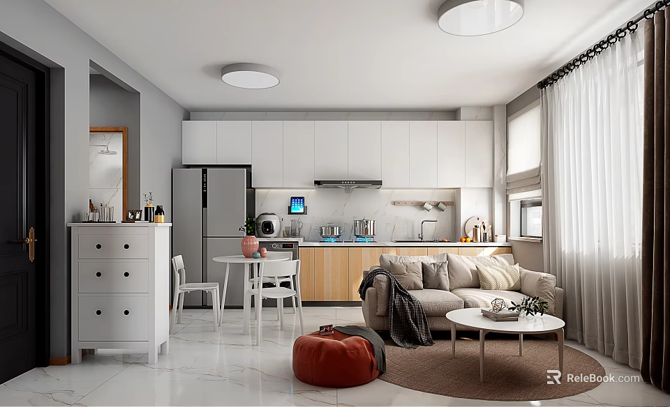 Modern Open Concept Living and Dining Area With Sofa Dining Table and Cabinets 3d model 