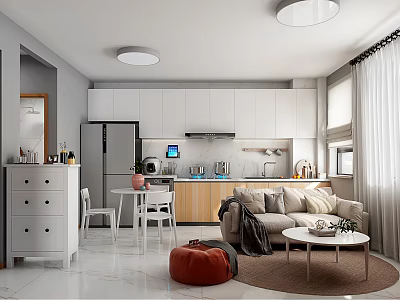 Modern Open Concept Living and Dining Area With Sofa Dining Table and Cabinets 3d model