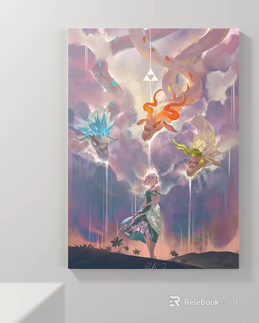 Abstract Painting With Pink Haired Woman Three Colorful Dragon Heads Purple Pink Clouds Palm Trees 3d model 