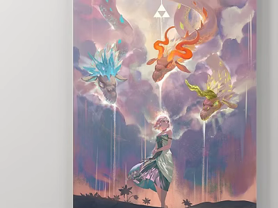 Abstract Painting With Pink Haired Woman Three Colorful Dragon Heads Purple Pink Clouds Palm Trees 3d model
