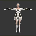 White Haired Female Character In Futuristic Mechanical Outfit With Outstretched Arms Standing On Gray Background