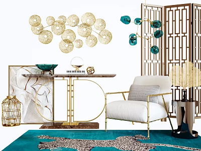 Elegant Modern Console Table With Golden Decor Blue Pendant Lights Lattice Screen And White Armchair 3d model