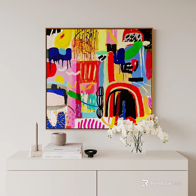 Abstract Colorful Oil Painting Hanging On Wall Above White Cabinet With White Flowers And Books 3d model 