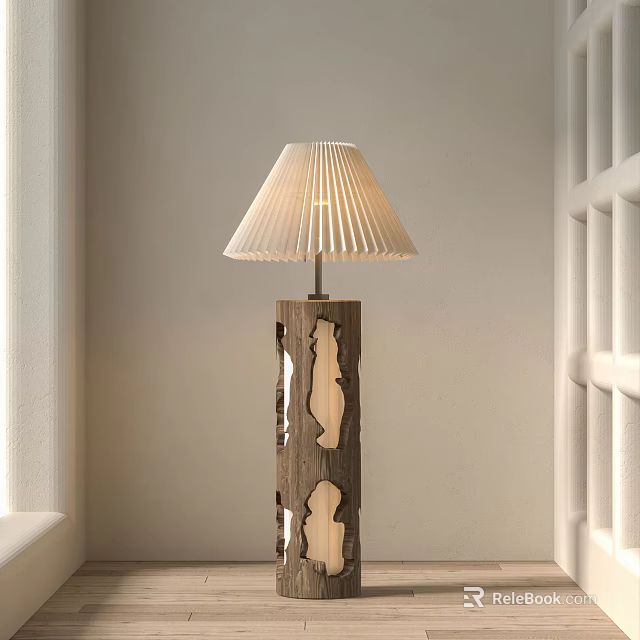 Contemporary Floor Lamp With Sculpted Wooden Base And Beige Pleated Lampshade 3d model 