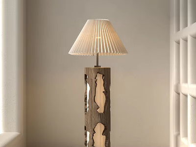 Contemporary Floor Lamp With Sculpted Wooden Base And Beige Pleated Lampshade 3d model